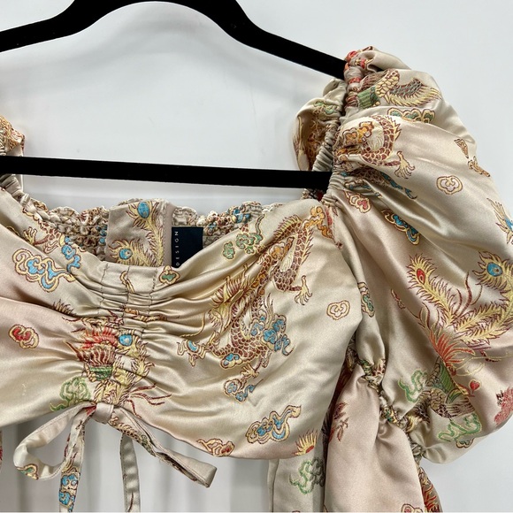 ASOS Design Puff Sleeve Top Champagne Jacquard Tank Asian Dragon Cropped US 6 - Picture 4 of 9